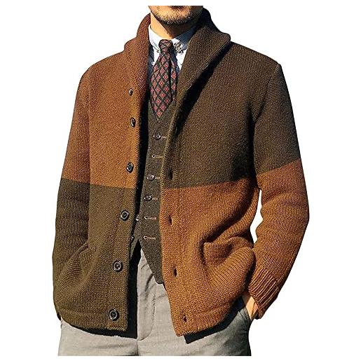 Pajiay giacca uomo vestibilità regolare confortevole traspirante cardigan uomo moda splicing corrispondenza dei colori maglieria uomo risvolto casual giacca transizione uomo a-brown xl