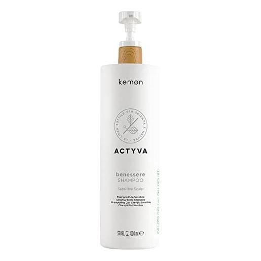 Kemon - actyva benessere shampoo, azione lenitiva e decongestionante per cute sensibile a base di estratti vegetali e oli essenziali - 1000 ml