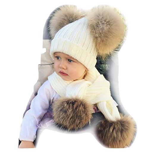BrillaBenny set cappello pon pon bambina con sciarpa vera pelliccia murmasky bianca 1-3 anni cuffia baby hat scarf