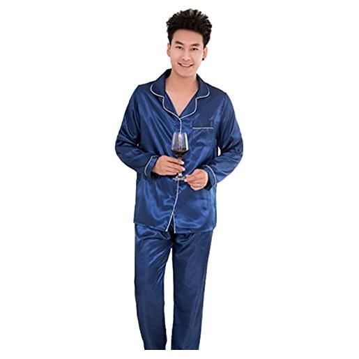 SCLDX pigiama uomo raso set - set pigiama a 2 pezzi con bottoni cardigan pantaloni manica lunga tasca indumenti da notte - indumenti da notte morbidi casual semplici abbigliamento da casa, blu, xl