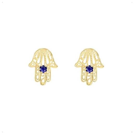forme di Lucchetta lucchetta - coppia orecchini in oro giallo 14k con mano di fatima/hamsa con zaffiro blu naturale | orecchini d'oro vero per donna