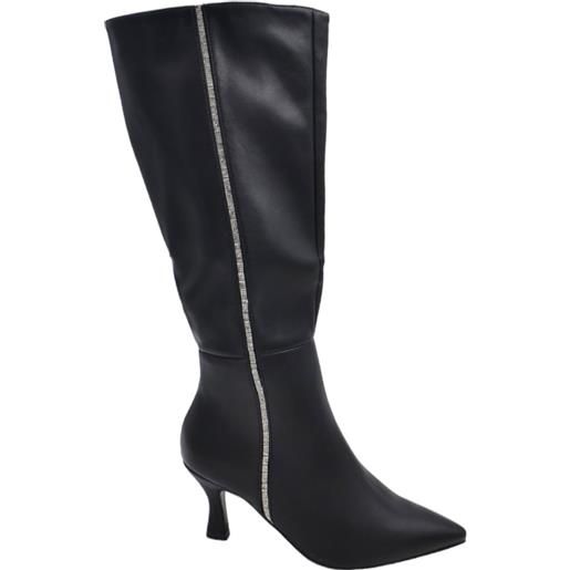 Malu Shoes stivali a punta donna in pelle nera con tacco a clessidra 8 cm aderente e strass argento zip laterale al ginocchio