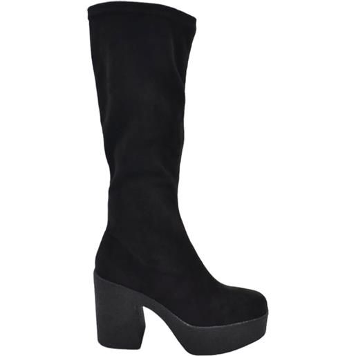 Malu Shoes stivali donna in camoscio nero punta quadrata tacco 8cm plateau zeppa 3cm zip al polpaccio effetto calzino aderente