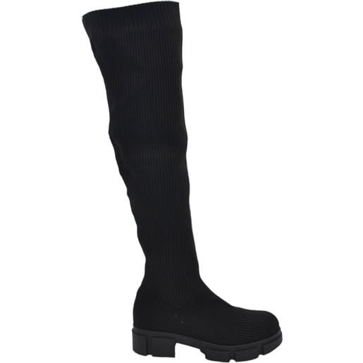 Malu Shoes stivali combat in tessuto elastico effetto calza nero zeppa carrarmato 3 cm alti al ginocchio gambale morbido aderente