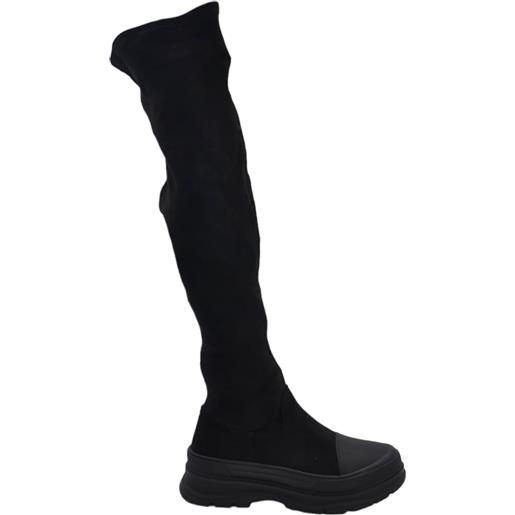 Malu Shoes stivali combat camoscio nero con zeppa carrarmato 3 cm alti al ginocchio punta in gomma gambale morbido aderente