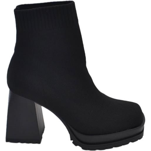 Malu Shoes tronchetto donna stivaletto camoscio nero punta quadrata tacco legno 8cm plateau 3cm zip alla caviglia effetto calzino