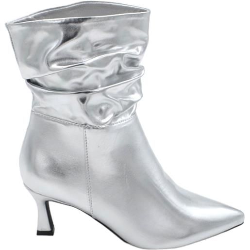 Malu Shoes tronchetto donna stivaletto satinato argento altezza caviglia arricciato con tacco martini mini 3 cm zip