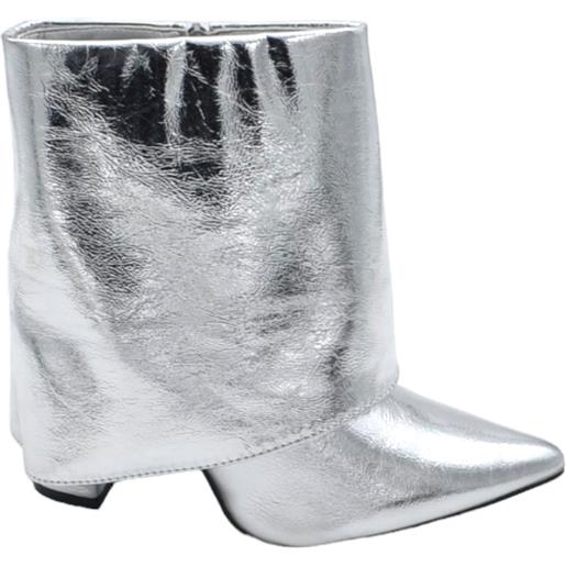 Malu Shoes tronchetto donna stivaletto shark con tacco largosatinato argento altezza caviglia pezzo pelle fino a terra risvolto
