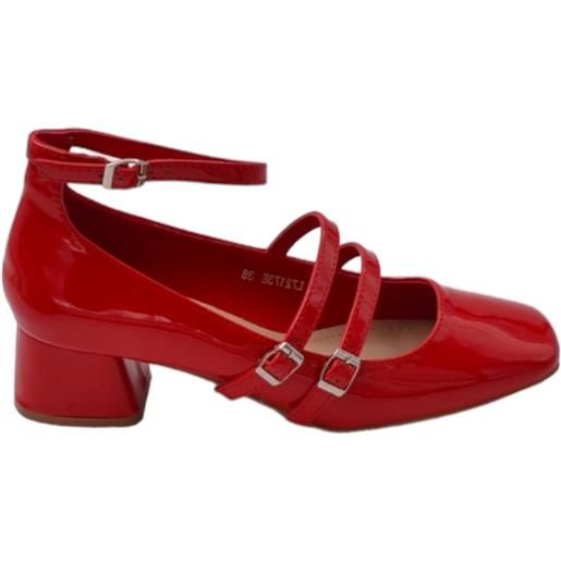 Malu Shoes scarpa ballerina donna punta quadrata con tacco basso 5 cm cinturini regolabili alla caviglia vernice rosso lucido
