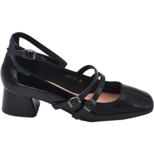 Malu Shoes scarpa ballerina donna punta quadrata con tacco basso 5 cm cinturini regolabili alla caviglia vernice nero