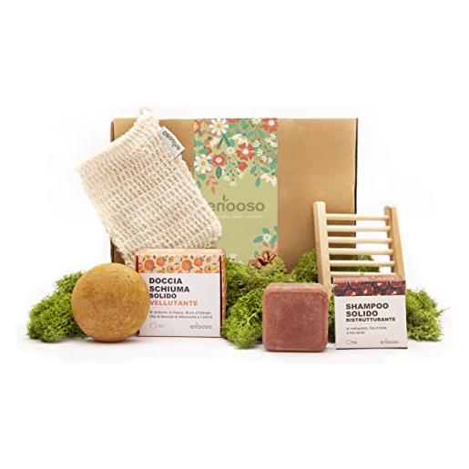 ENOOSO gift box con 4 prodotti regali beauty - shampoo solido ristrutturante, docciaschiuma vellutante + sacchetta + poggiasapone | set regalo made in italy