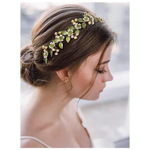 IYOU viti per capelli da sposa cerchietto con fiore verde copricapo foglia perla sposa accessori per capelli da damigella d'onore per donne e ragazze