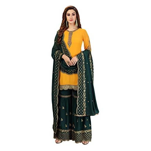 TRENDMALLS set da donna con ricamo in georgette pronto da indossare con cuciture sharara kurta gharara, giallo e verde. , medium