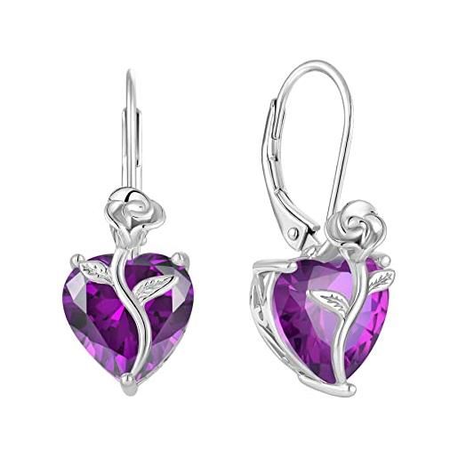 FJ orecchini pendenti donna in argento sterling 925 orecchini ametista febbraio pietre portafortuna orecchini di fiori di rosa gioielli per donna amiche moglie mamma