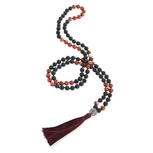 BENAVA collana mala 108 perle di pietra lavica nera rosso | collana di preghiera e meditazione yoga con nappina e perlina guru | 100 cm