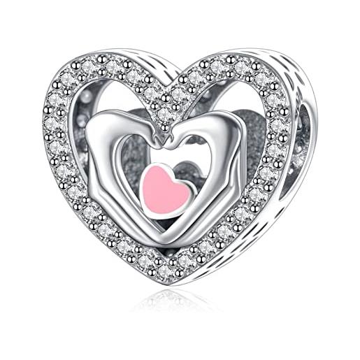 H.ZHENYUE abalorio in argento sterling 925 pave love heart & hand charm bead compatibile con bracciale e collane europei, regalo para el cumpleaños del día de la madre para mujeres y niñas