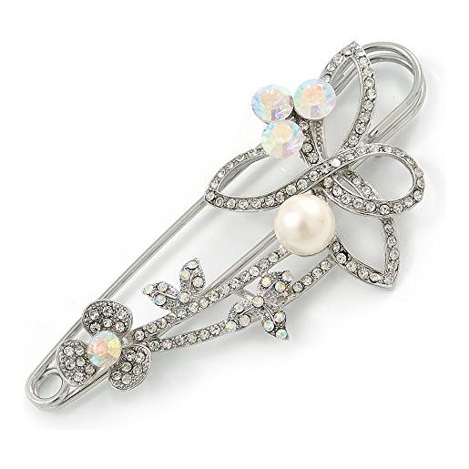 Avalaya - spilla di sicurezza a forma di fiore con perla e cristalli, 10 cm di lunghezza