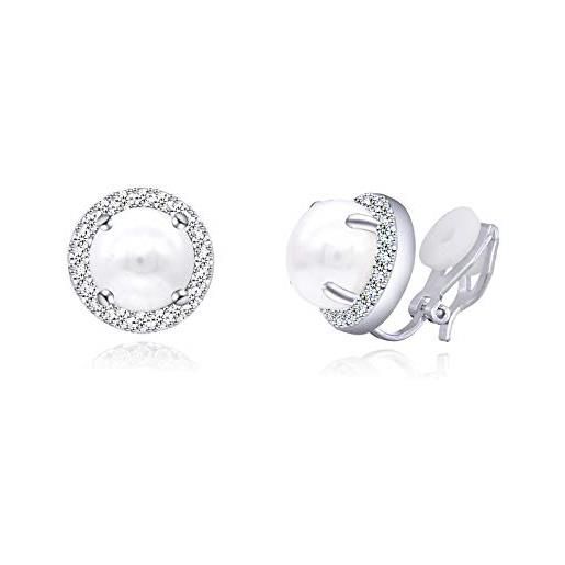 QUKE orecchini a clip rotondi da 8 mm con zirconi cubici brillanti, gioielli non forati, per donne e ragazze, zirconia cubica perla sintetica, perla