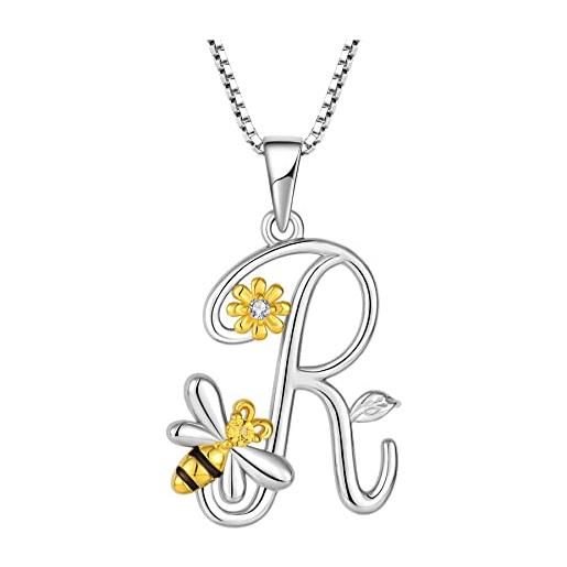 FJ collana lettera r argento 925 donna collana con ciondolo iniziale alfabeto collana ape girasole margherite con zirconia cubica gioielli regalo per donna
