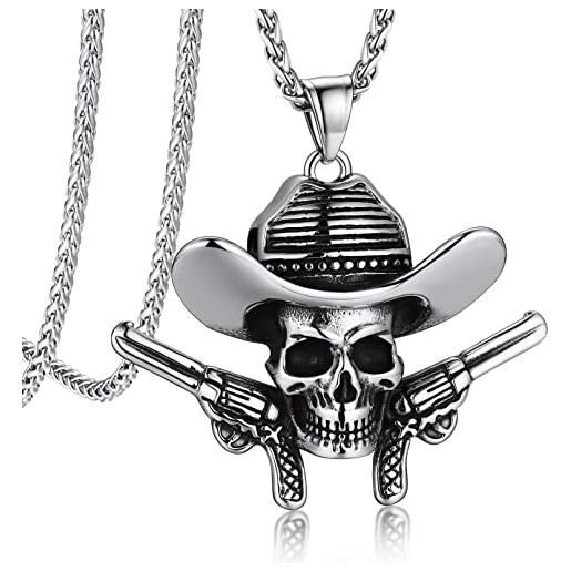 Bandmax cowboy collana uomo con teschio, vintage collana uomo acciaio con doppia pistola, collana argento uomo con 55+5 cm catena, vintage ciondolo con teschio uomo ragazzo per moto rap rock punk