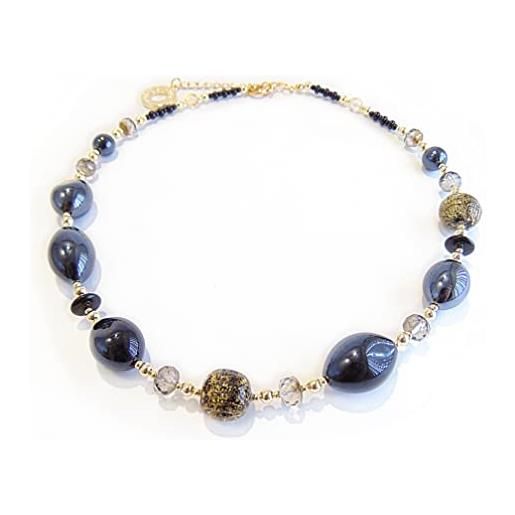 VENEZIA CLASSICA - collana da donna girocollo con perle in vetro di murano originale, collezione gloria, nero con foglia in oro 24kt, made in italy