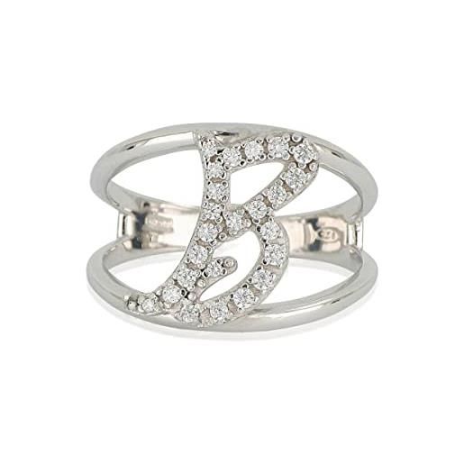 Artlinea, anello in argento 925 sterling, gioiello personalizzato con la lettera b corsiva, con pavé zirconi, retro aperto con misura regolabile 19-24, made in italy