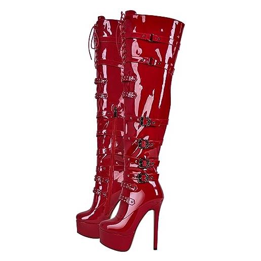 blingqueen stivali da donna con tacco alto sopra il ginocchio, rosso laccato, 37 eu