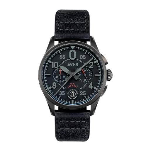 AVI-8 mens 42mm spitfire lock chronograph slate black japanese quartz pilot watch with leather strap av-4089-03
