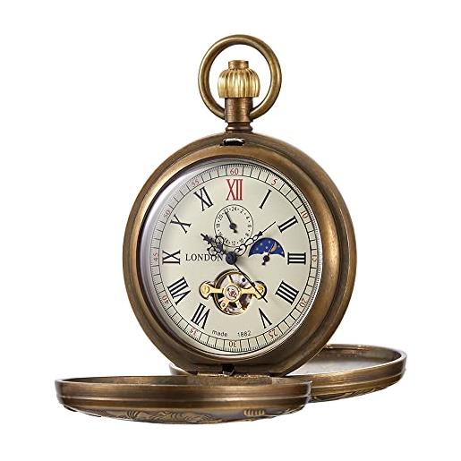 Tiong orologio da tasca meccanico vintage unico tourbillon fase lunare numeri romani scala doppio cacciatore orologi da tasca e confezione regalo, oro e nero 2, 10 cm
