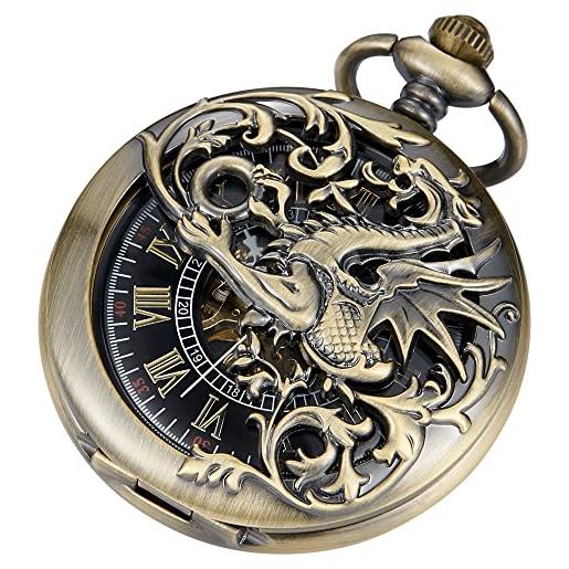 Tiong orologio da tasca vintage meccanico steampunk modello classico design da uomo orologi da tasca con scatola a catena regalo di compleanno festa del papà, 036-bronzo