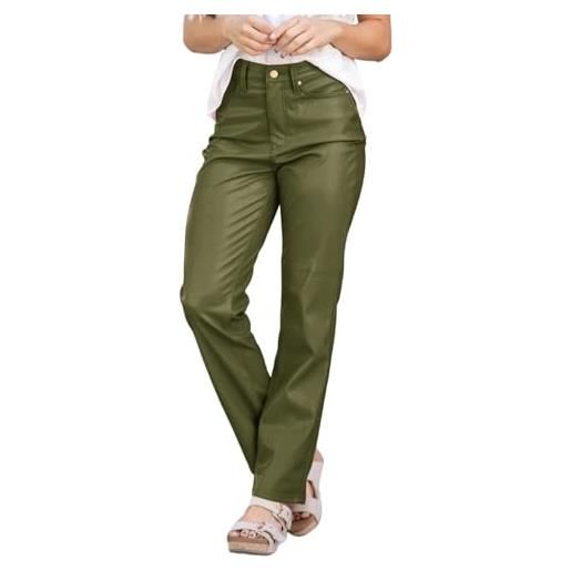CreoQIJI leggings blu lucido donna business pantaloni in ecopelle con vita alta e gamba dritta, vegana abbigliamento sexy, verde, xxl