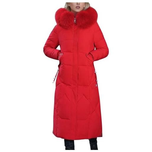 LAEMILIA piumino lungo da donna, invernale, spesso, caldo, trapuntato, imbottito, sottile, con cappuccio in pelliccia sintetica, rosso, 50