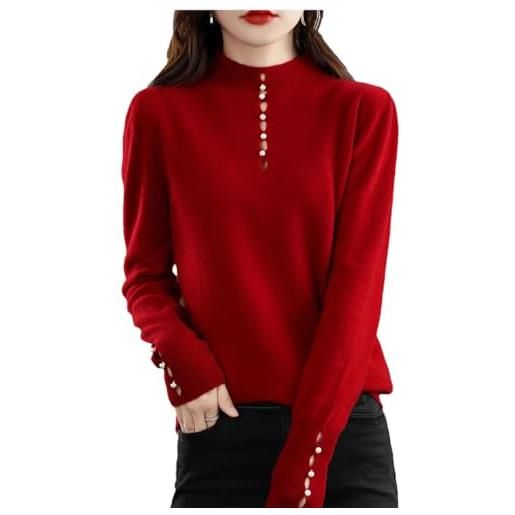 Generic 100% lana merino lavorata a maglia maglione collo alto donna perla pulsante maglione solido casual pullover top, rosso, xxl