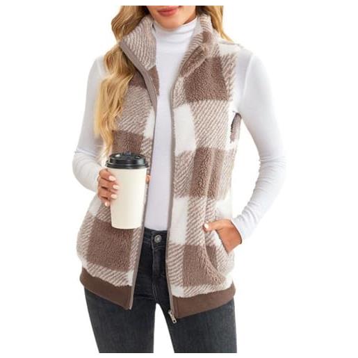 HaiDu gilet in pile scozzese moda donna casual fuzzy senza maniche fuzzy sherpa gilet soffice giacca con cerniera capispalla calda (color: kahki, size: 2x-large)