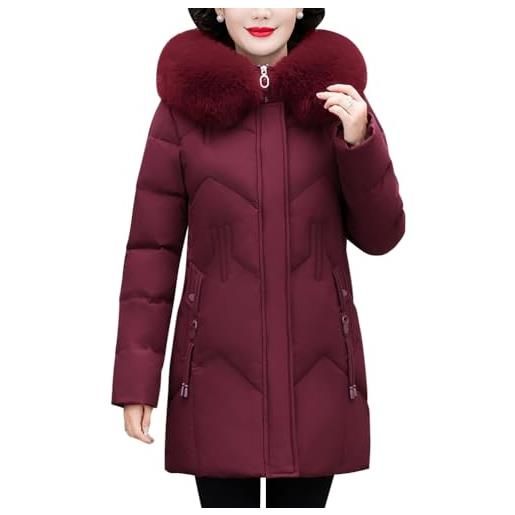 ORANDESIGNE cappotto invernale donna piumino giacca lungo giubbino con pelliccia cappuccio piumino cappotti eleganti caldo parka outwear trench giubbotto con zip e tasche g rosso vino m