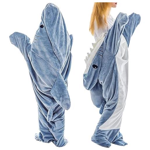 Zureto pigiama a forma di squalo, coperta con cappuccio, coperta a forma di squalo, coperta da squalo per adulti, coperta indossabile, costume da squalo in flanella, blu, xl