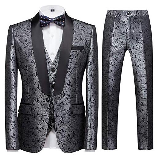 Sliktaa uomo costume 3 pezzi formale jacquard classico scialle risvolto matrimonio business con un pulsante smokings casual giacca & gilet & pantaloni, argento, xl