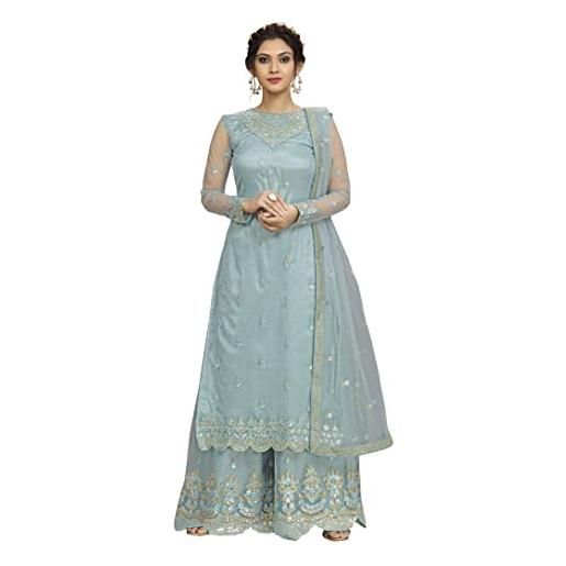 TRENDMALLS abito da donna con ricamo a rete sharara vestito indiano pakistano matrimonio etnico pronto da indossare, azzurro chiaro, medium