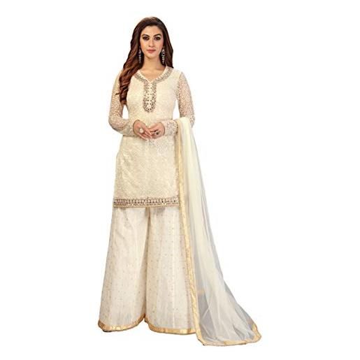 TRENDMALLS abito da donna in cotone ricamato kurta sharara set indiano pakistano matrimonio speciale usura, bianco sporco, xxl
