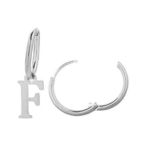 Beloved orecchini da donna a cerchio in acciaio - uno con iniziale e uno a cerchietto semplice - per lobi forati - chiusura a scatto (silver lettera f)