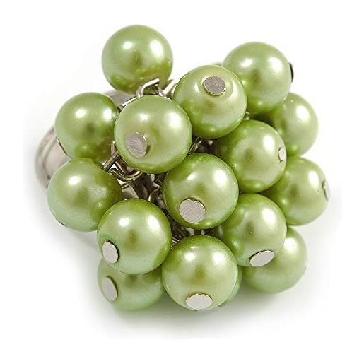 Avalaya pea green - anello a grappolo con perle finte, in metallo argentato, regolabile 7/8, metallo