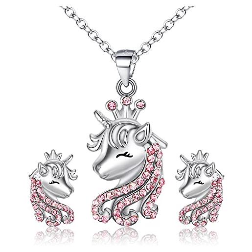 EVER FAITH set di gioielli unicorno per ragazze, 925 argento rosa cz unicorno collana orecchini set regalo di compleanno per figlia nipote