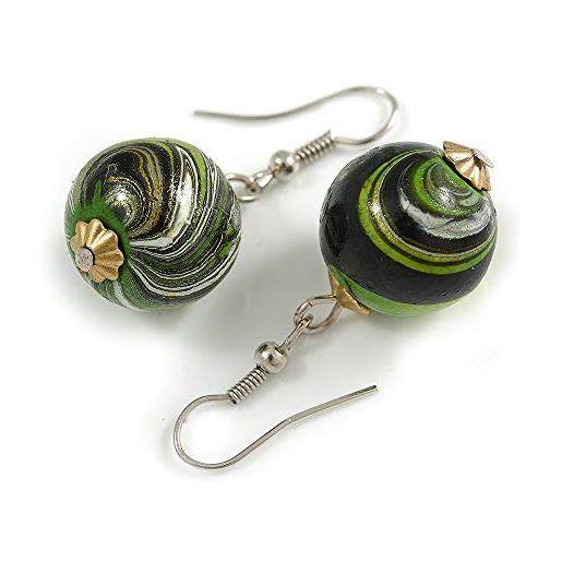 Avalaya orecchini pendenti con perle in legno fusione, colore verde/nero/dorato, chiusura color argento, lunghezza 40 mm