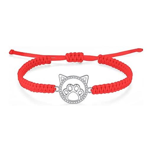 J.Endéar bracciale gatto zampa argento 925 con zircone fatto a mano filigrana corda catena gioielli per donne ragazza, grande regalo per i proprietari di gatti amanti dei gatti, rosso