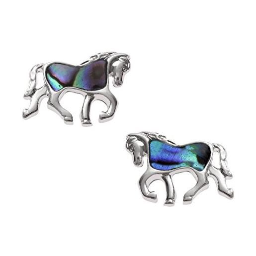 Kiara Jewellery - orecchini a perno a forma di cavallo intarsiati con conchiglia di abalone di paua, colore argento antiossidante, ipoallergenico, placcati in rodio, colore: argento