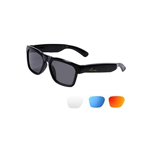 OhO sunshine oho audio sunglasses, voice control and open ear style listen music and calls with volumn up and down, bluetooth 5.0 and ip44 waterproof feature for indoor and outdoor (shine black - black lens)
