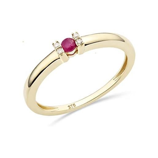 Miore anello di fidanzamento con 4 diamanti naturali di 0,02 carati e rubino rosso naturale di 0,09 carati in oro giallo 375 a 9 carati
