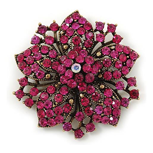 Avalaya spilla a forma di fiore, tacco medio, in stile vittoriano, colore: oro, tonalità anticata & bright magenta cristalli, diametro: 55 mm