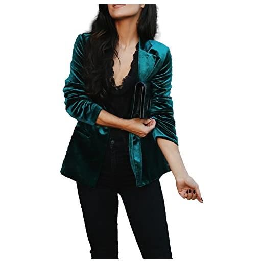 Donkivvy blazer da donna in velluto con risvolto giacca da donna, giacca da lavoro, in velluto, con apertura sul davanti, verde, l