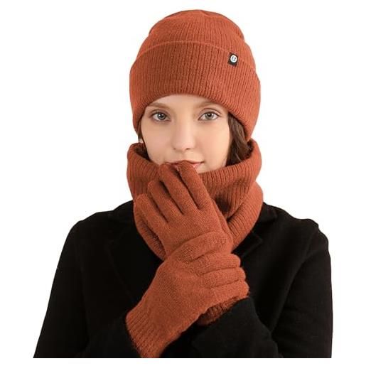 PDOOR 3 in 1 sciarpa cappello guanto set per le donne inverno caldo peluche doppio maglia beanie cappello cerchio sciarpa e touch screen guanti caldi set regali invernali-arancione